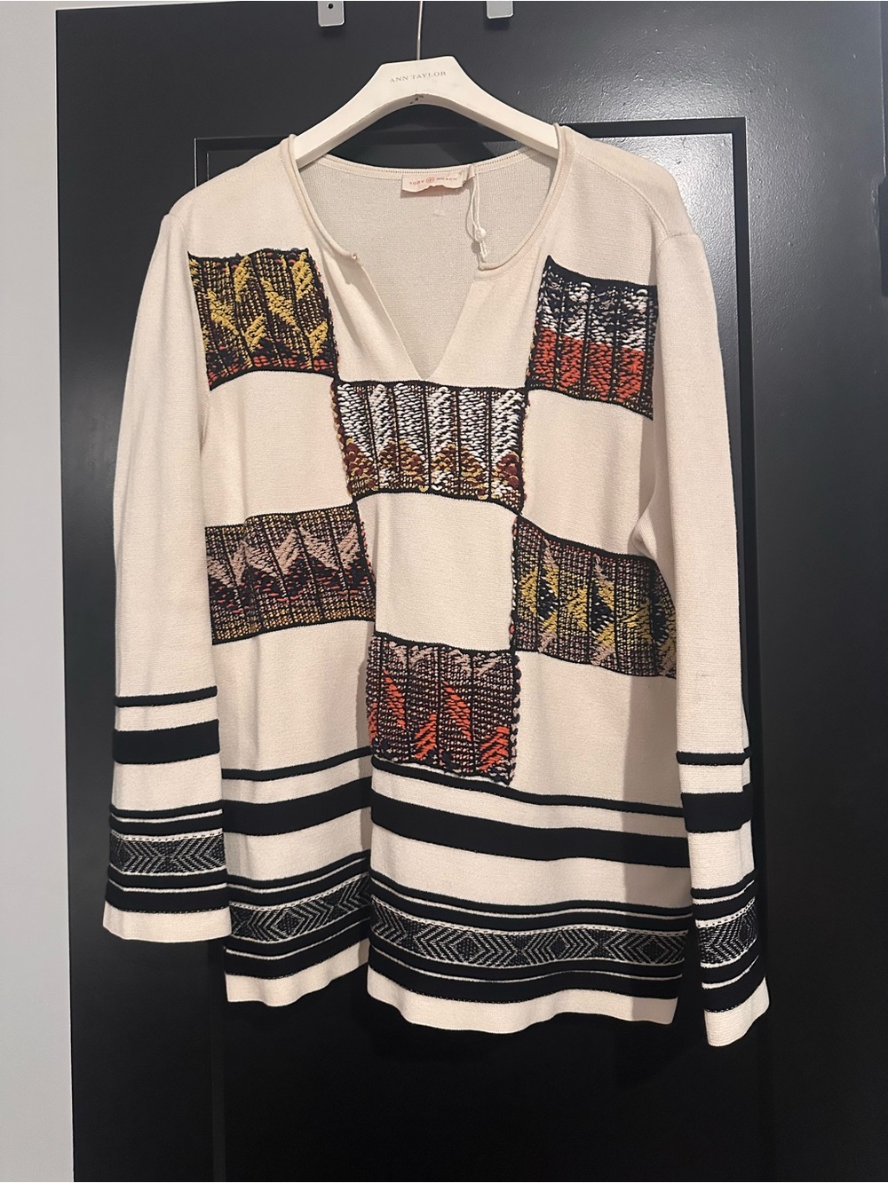 Tory Burch Boho Pullover Sweater with Black Stripes and Multicolor Patchwork